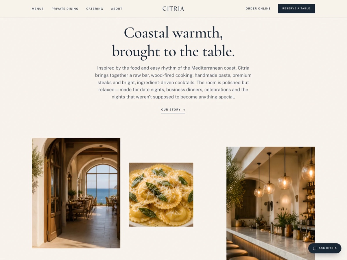 Citria Coastal Grill's homepage hero: an oceanview patio table set for dinner at sunset.