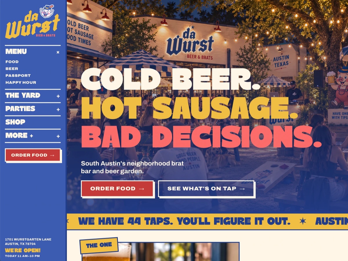 Da Wurst's homepage hero: a lively string-lit beer garden patio at night.